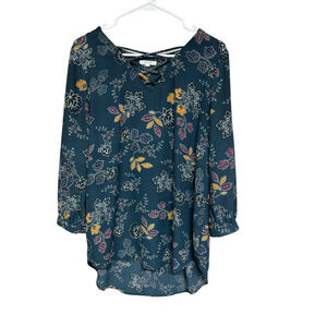 Maurices Teal Blue Floral Long Sleeve Tunic Blouse Large